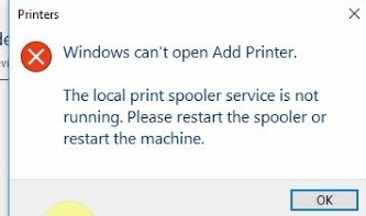 Windows can’t open Add printer. The local Print Spooler service is not running