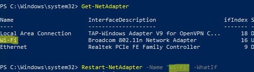 Restart-NetAdapter - перезапуск wifi подключения в windows с помощью powershell