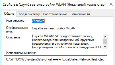 Служба автонастройки WLAN (WLAN AutoConfig) svchost.exe 