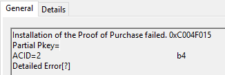 Installation of the Proof of Purchase failed. 0xC004F015