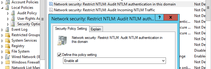 аудит NTLM аутентификации Network Security: Restrict NTLM: Audit NTLM authentication in this domain