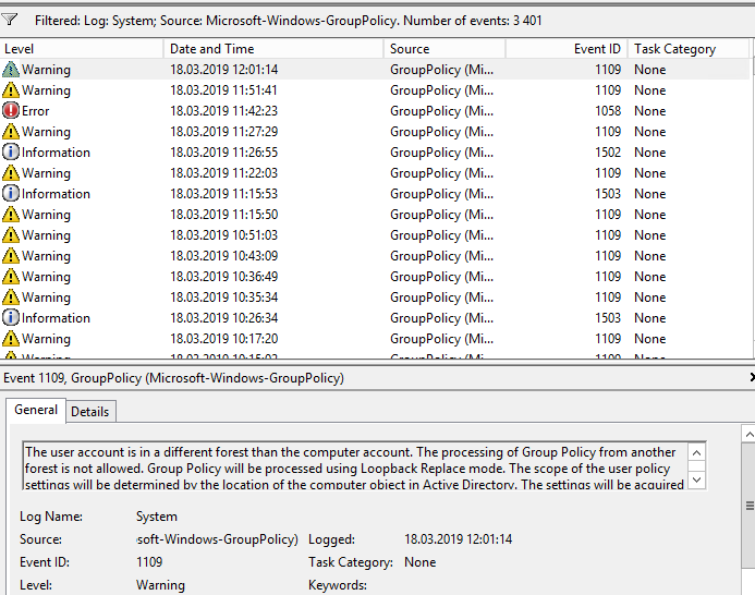 фильтр журнала событий Microsoft-Windows-GroupPolicy