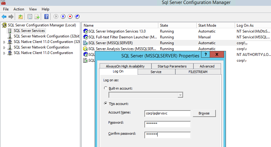 измените учетную запись для запуска службы SQL Server (MSSQLSERVER), 