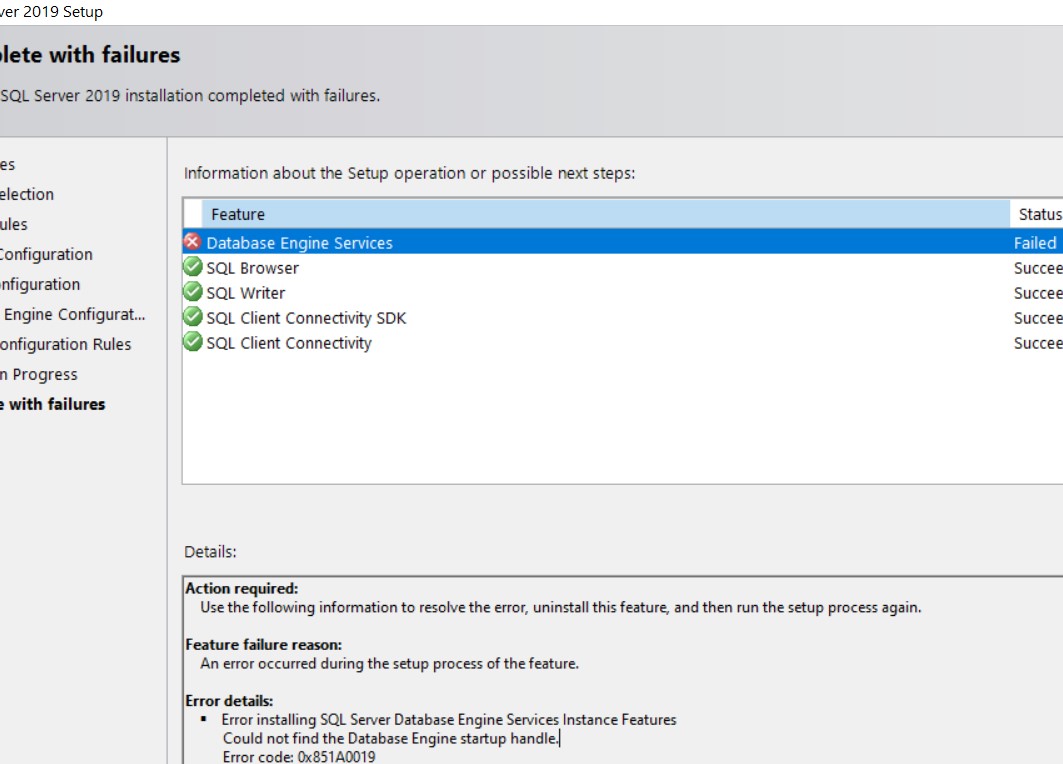 ошибка Could not find the Database Engine startup handle при установке SQL Server 2019