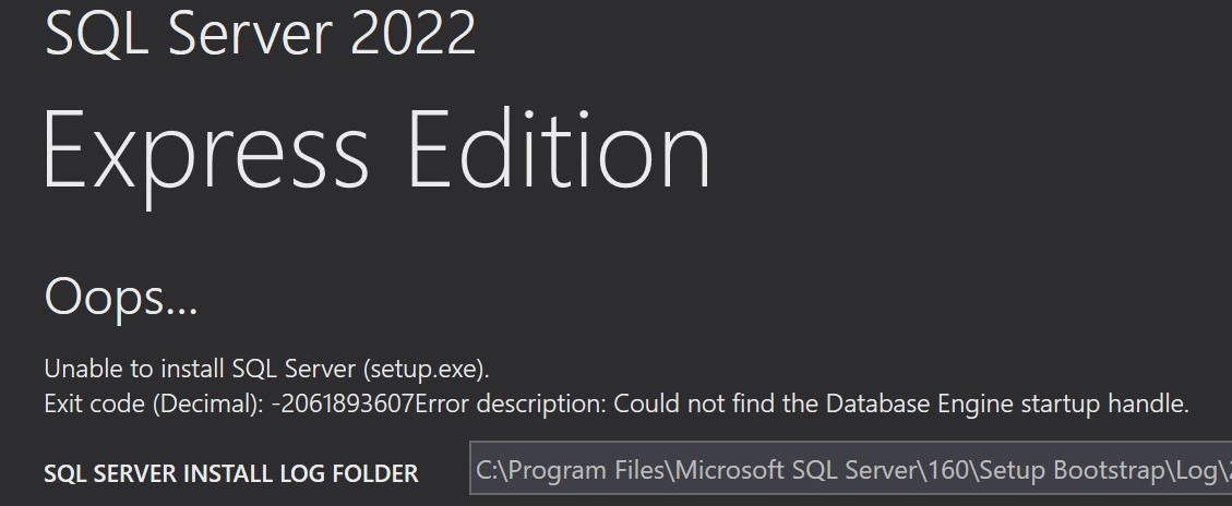 Sql Server Express 2022: Не найден дескриптор запуска компонента Database Engine