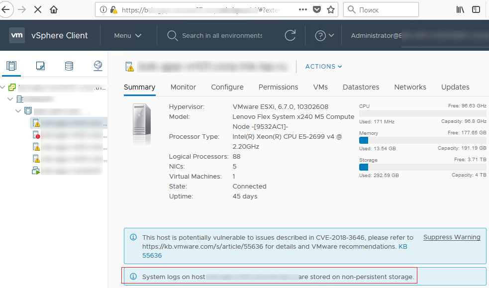 System logs on host vmware esxi1are stored on non-persistent storage
