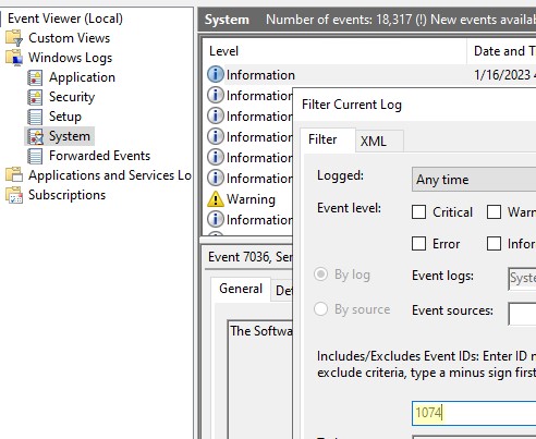 event viewer 1074 событие перезагрузки windows