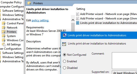 параметр групповой политики Limits printer driver installation to Administrators 