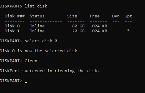 полная очистка диска с помощью diskpart clean