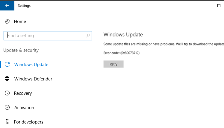 Windows 10 / Server 2016 ошибка обновления 0x80073712