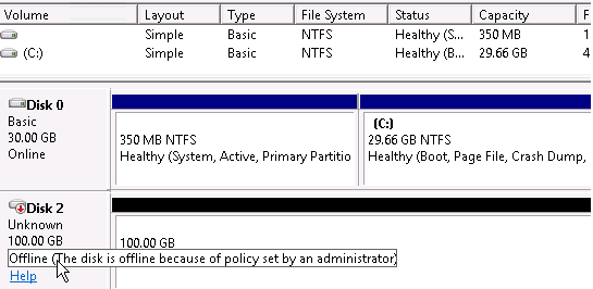 windows server 2016 Offline (The disk is offline because of policy set by an administrator).