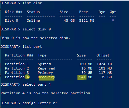 diskpart назначить букву диска разделу восстановления