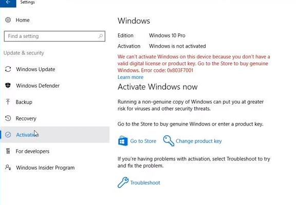 Ошибка 0x803F7001 Не удается активировать Windows 10 на этом устройстве, так как у вас нет действительной цифровой лицензии или ключа продукта