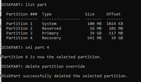 удалить раздел восстановления DISKPART> delete partition override 