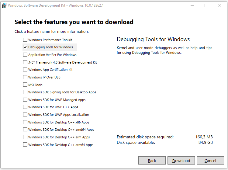 установка Debugging Tools for Windows