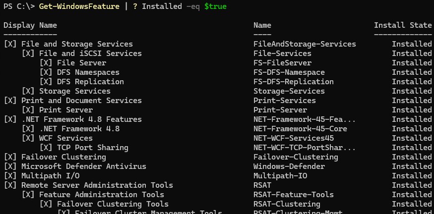 Get-WindowsFeature installed - список установленных ролей windows server 2025
