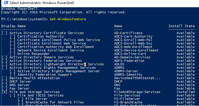 Get-WindowsFeature вывести все роли и компоненты windows server