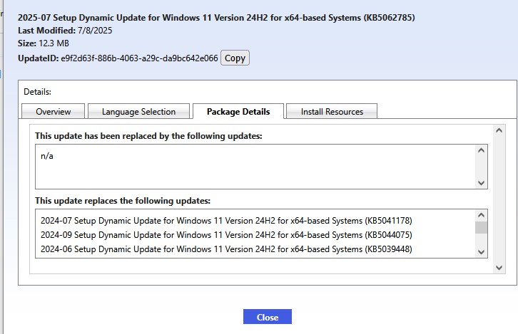 информация о заменяемых обновлениях windows