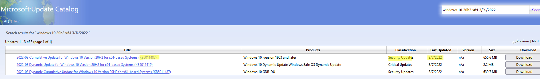 найти обновления для вашей версии WIndows в Microsoft Update Catalog
