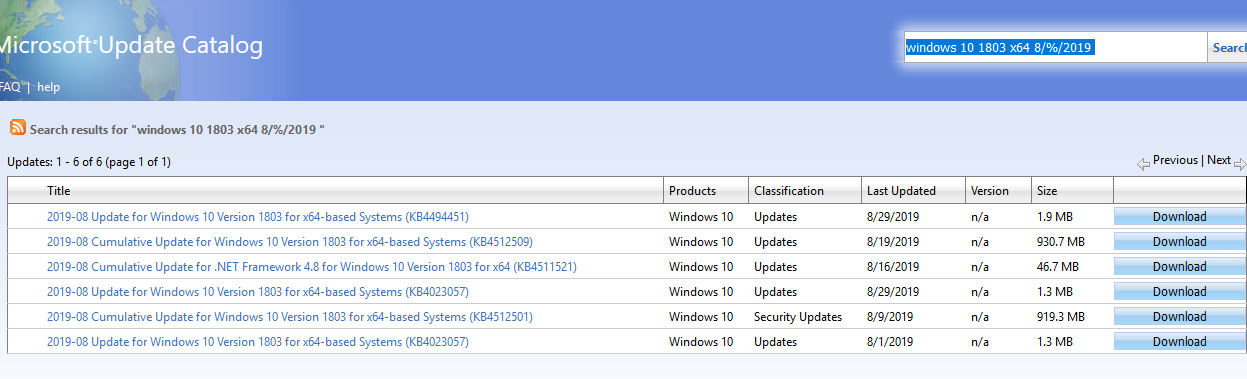 поиск обновлений из Microsoft Update Catalog 
