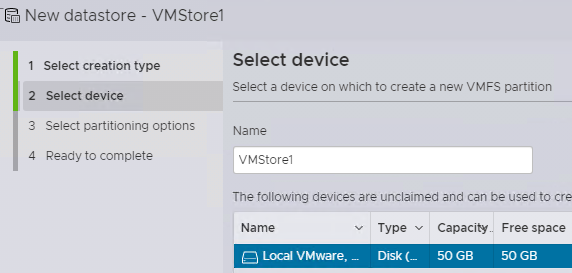 создать новое VMFS хранилище