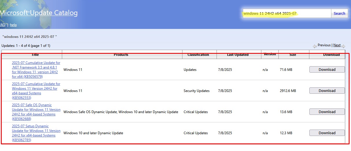 список доступных обновление для моей версии windows в Microsoft Update Catalog