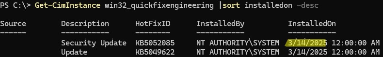 win32_quickfixengineering вывести дату последней установки обновления windows