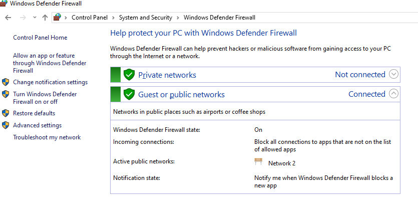 Windows Defender Firewall управление из панели управления