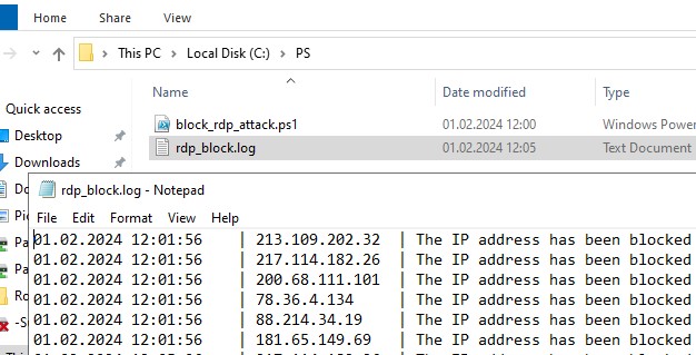 Лог заблокированных IP адресов с которых выполняется подбор RDP 