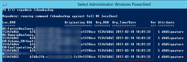 repadmin /showbackup вывести дату последнего бэкапа контроллера домена Active Directory