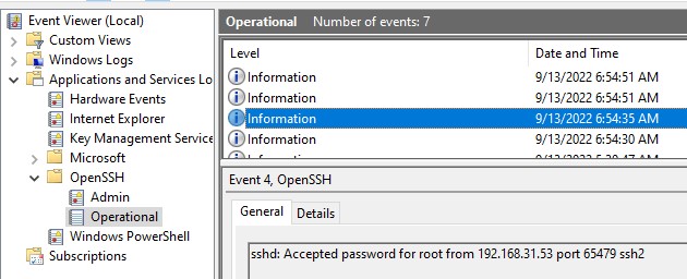 события подключения к openssh сервер windows в event viewer