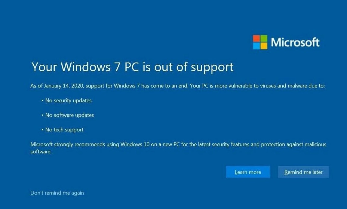 windows7 уведомление об окончании поддержки на весь экран