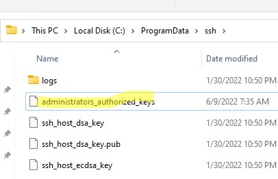 файл administrators_authorized_keys ключи для ssh входа под локальными администраторами