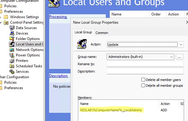 GPO добавить локальных администратораов через переменную окружения с именем компьютера