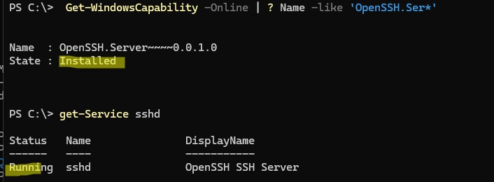 Проверить что сервер openssh установлен в windows