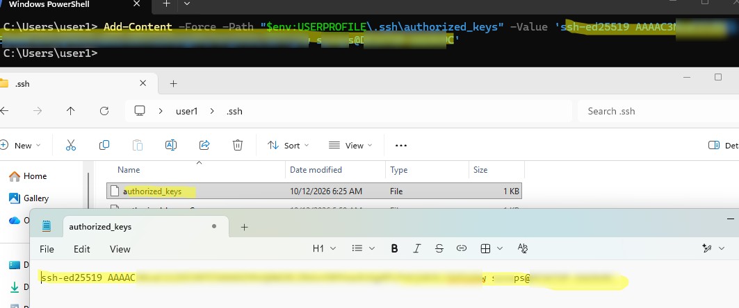 Добавить открытый ssh ключ в файл authorized_keys