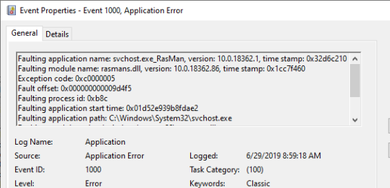 ошибка RASMAN 0xc0000005Faulting application name: svchost.exe_RasMan…”, “Faulting module name: rasmans.dll