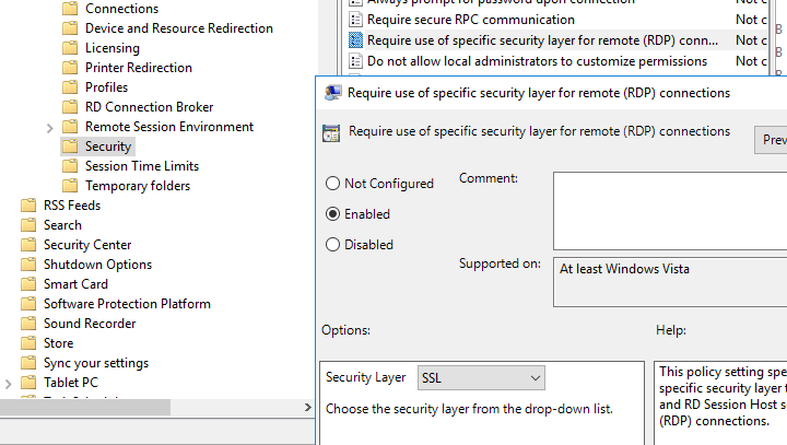 политика Require use of specific security layer for remote (RDP) connections