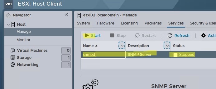 Включить службу SNMP Server в vmware esxi
