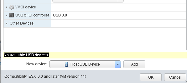 vmware USB passthrough No available USB devices