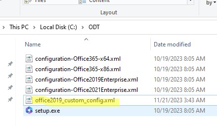 новый конфигурационный xml файл в каталоге Office Deployment Tool (ODT)