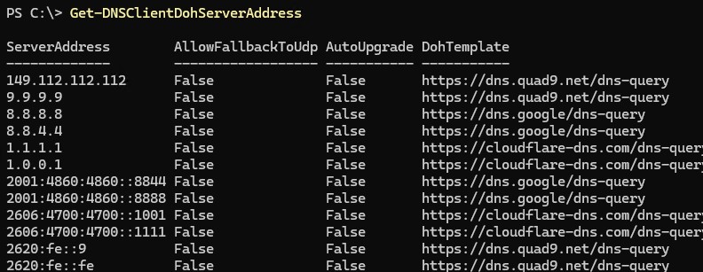 Get-DNSClientDohServerAddress список зарегистрированных DNS серверов с поддержкой DNS over HTTPS