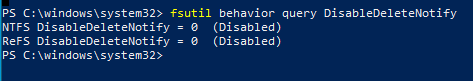 fsutil behavior query DisableDeleteNotify проверка включенной функции TRIM в Windows