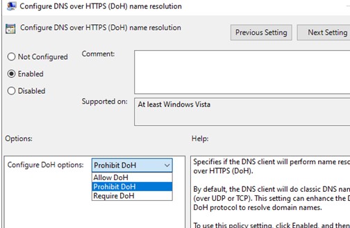 Параметр GPO: Configure DNS over HTTPS (DoH) name resolution