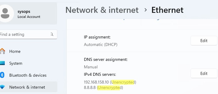 Настройка DNS серверов на клиенте Windows 11, незашифрованные запросы neshifrovano