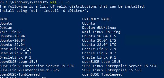 список доступных дистрибутивов Linux для WSL