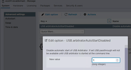 USB.arbitratorAutoStartDisabled - отключить в настройках хоста ESXi