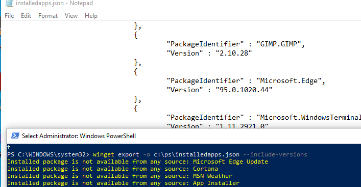 экспорт/импорт установленных приложений winget в текстовый json файл