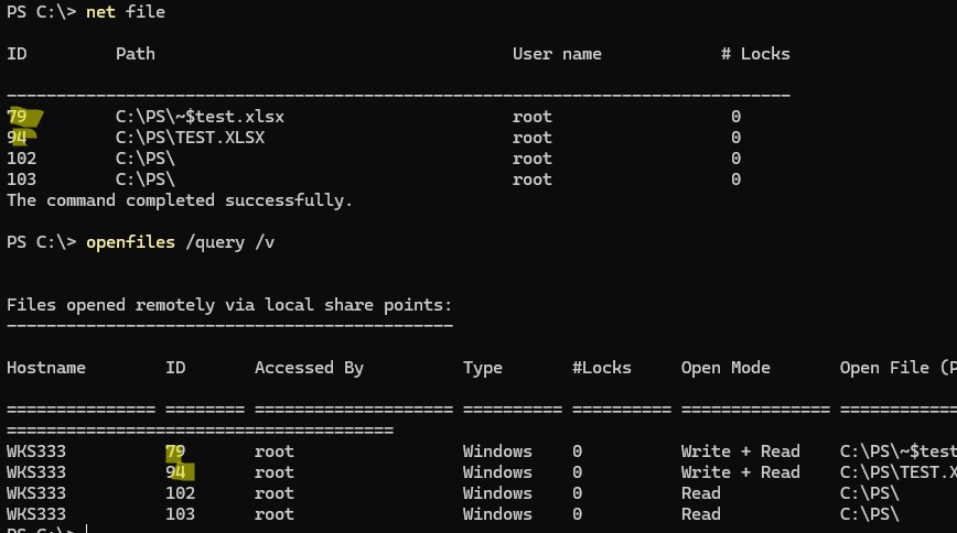 openfiles список открытых/заблокированных файлов по сети