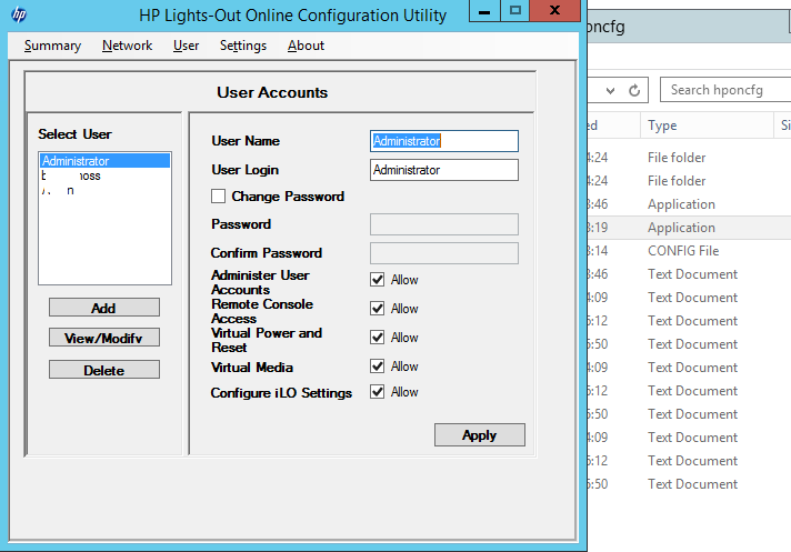 HP Lights-Out Online Configuration Utility сброс пароля администратора iLO